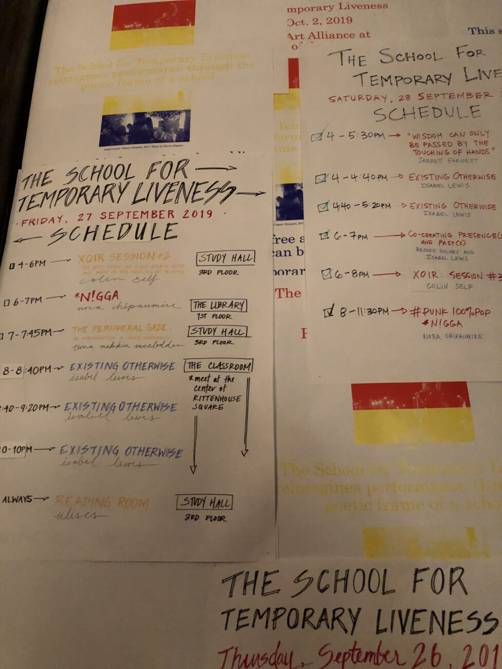 Image of various pieces of paper, showcasing a daily schedule for The School for Temporary Liveness. 