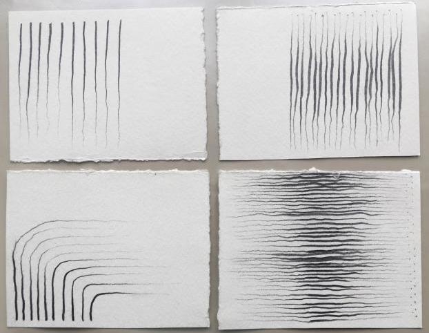 Four white rectangles of paper with raw edges sit on a grey surface. Each paper hosts a group of squiggling black ink lines arranged in various but uniform spatial and directional configurations. Image courtesy of the artist. 
