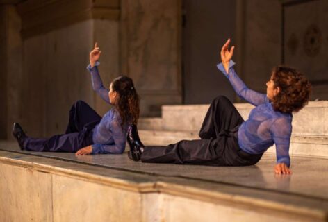 Nasa4nasa, two Egyptian performers at Movement Research at the Judson Church. They both wear matching purple tops and black bottoms. Photo by Rachel Keane