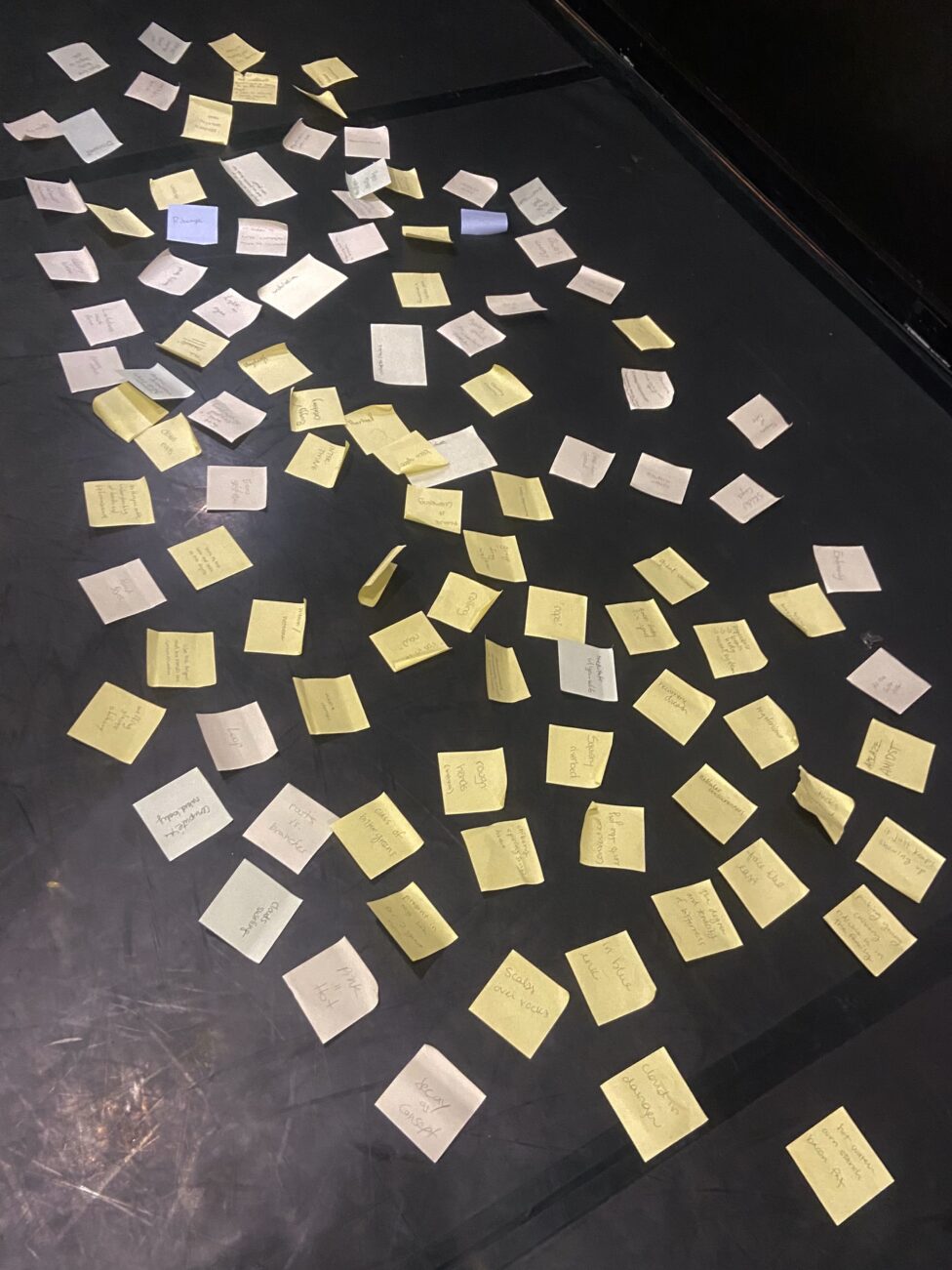 A word cloud created with post-it notes spread out on the floor. Some of the words and phrases include: roots vs. branches, rolling, rough hands, and ribcage.