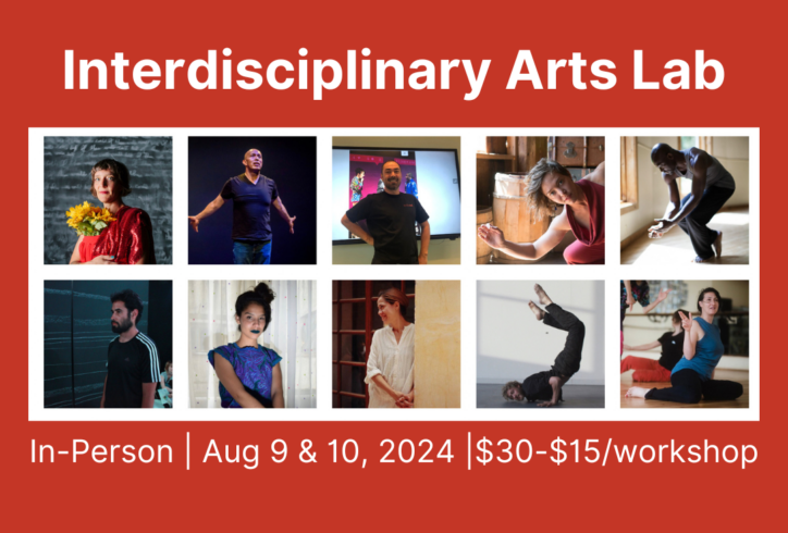 Graphic art with text over a red background. A composite image of all of the teachers for the 2024 Interdisciplinary Arts Lab. Text reads, movement research, Interdisciplinary Arts Lab, In-Person, Aug 9 & 10, 2024, $30-$15/workshop, Facilitated by Peter Sciscioli in partnership with the international interdisciplinary Artists Consortium (IIAC).