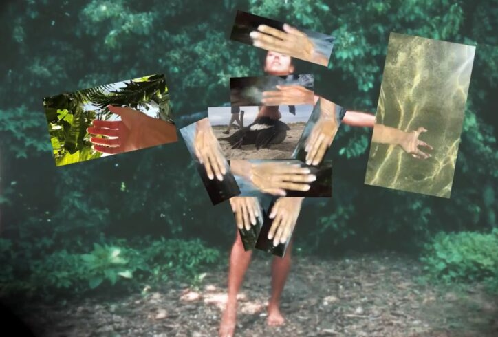 An 8mm film image of Artist Yara Travieso's full body standing in a woodsy garden with her eyes closed and arms to her side. Collaged rectangular images of Travieso's hands in water or nature are placed over her body almost as a sense of connected care. On Travieso's chest, lives a collaged image of her hand touching a dying black bird. Image by Yara Travieso.