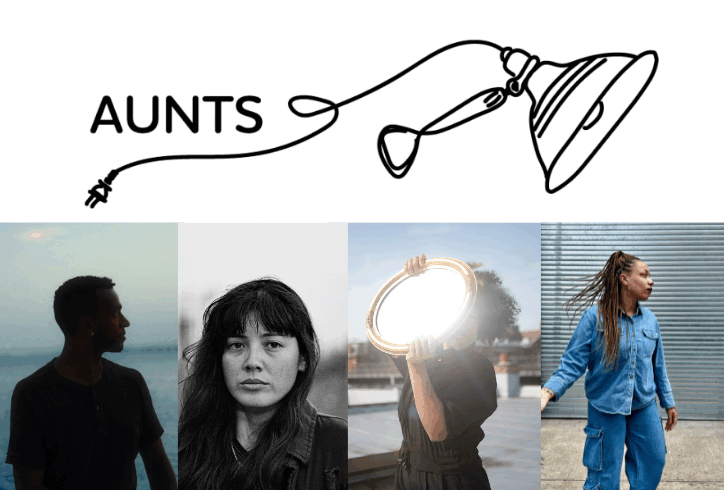 AUNTS logo. A illustration of a cliplight next to the word AUNTS. By Liliana Dirks-Goodman; followed by a collage of four teachers: Jonathan Gonzalez photo by Rudy Gerson, Jessi Cook photo provided by artist, Leslie Cuyjet photo by Sara Fox, and jess pretty photo by Niall Jones.