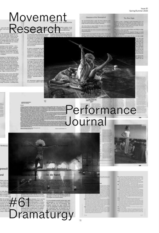 A black and white collage of images of dance and scans of multiple dramaturgical essays through time.