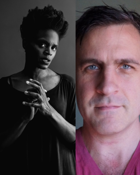 A black and grey photo of a Nigerian woman, Okwui in a loose black top, she looks at the camera, hands touching with her mouth slightly open. Photo by Michael Avedon and Self portrait of a white man, Peter looking directly at the camera in a red shirt. Photo by Peter Born.
