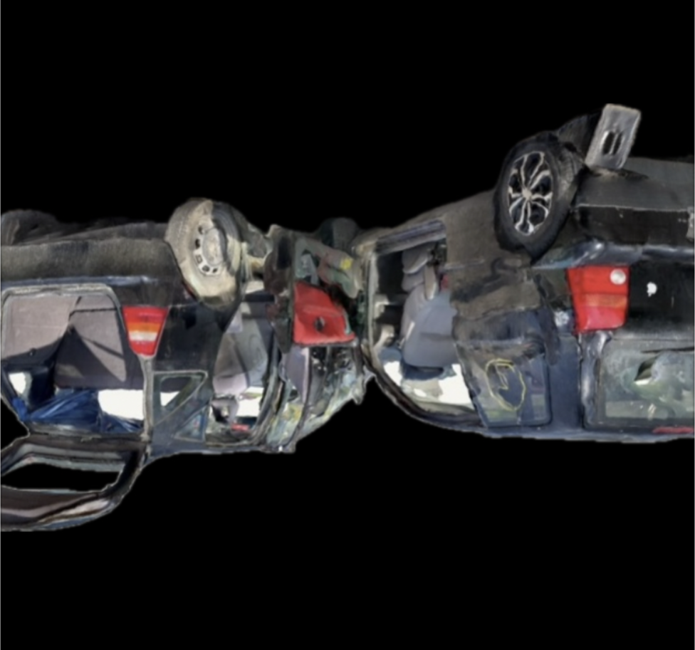 Image sourced of a 3D scan from Polycam, with further post editing by Jordan Deal. Image displays a flipped inversion of a collision between two cars.